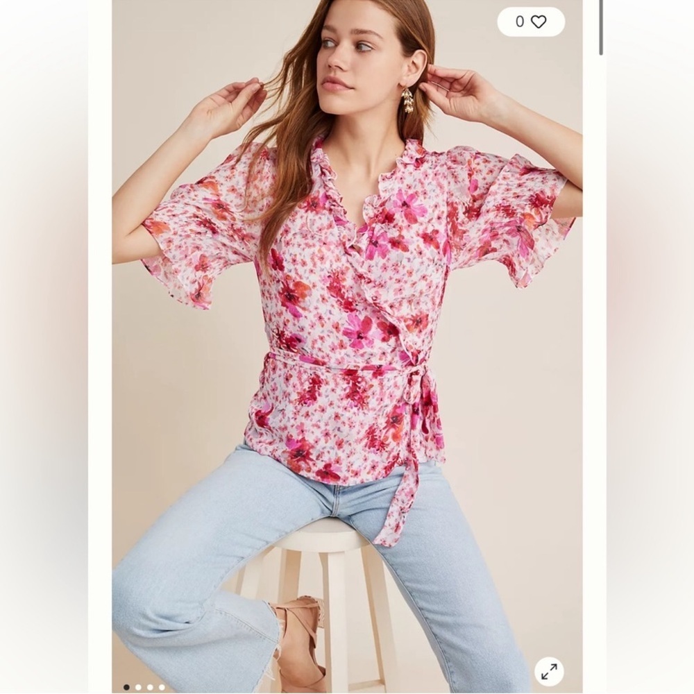 MISA Los Angeles Pink Floral Ruffle Wrap Blouse XS
